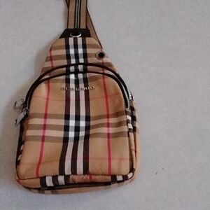 Burberry Beige Check Crossbody Belt Bag with Black & Red Stripes